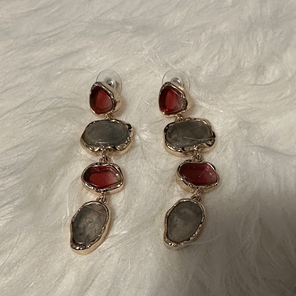 Elegant Red and Gray Stone Drop Earrings
